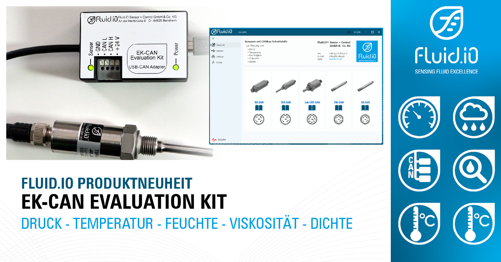Evaluation kit for Fluid.iO sensors with CAN bus interface